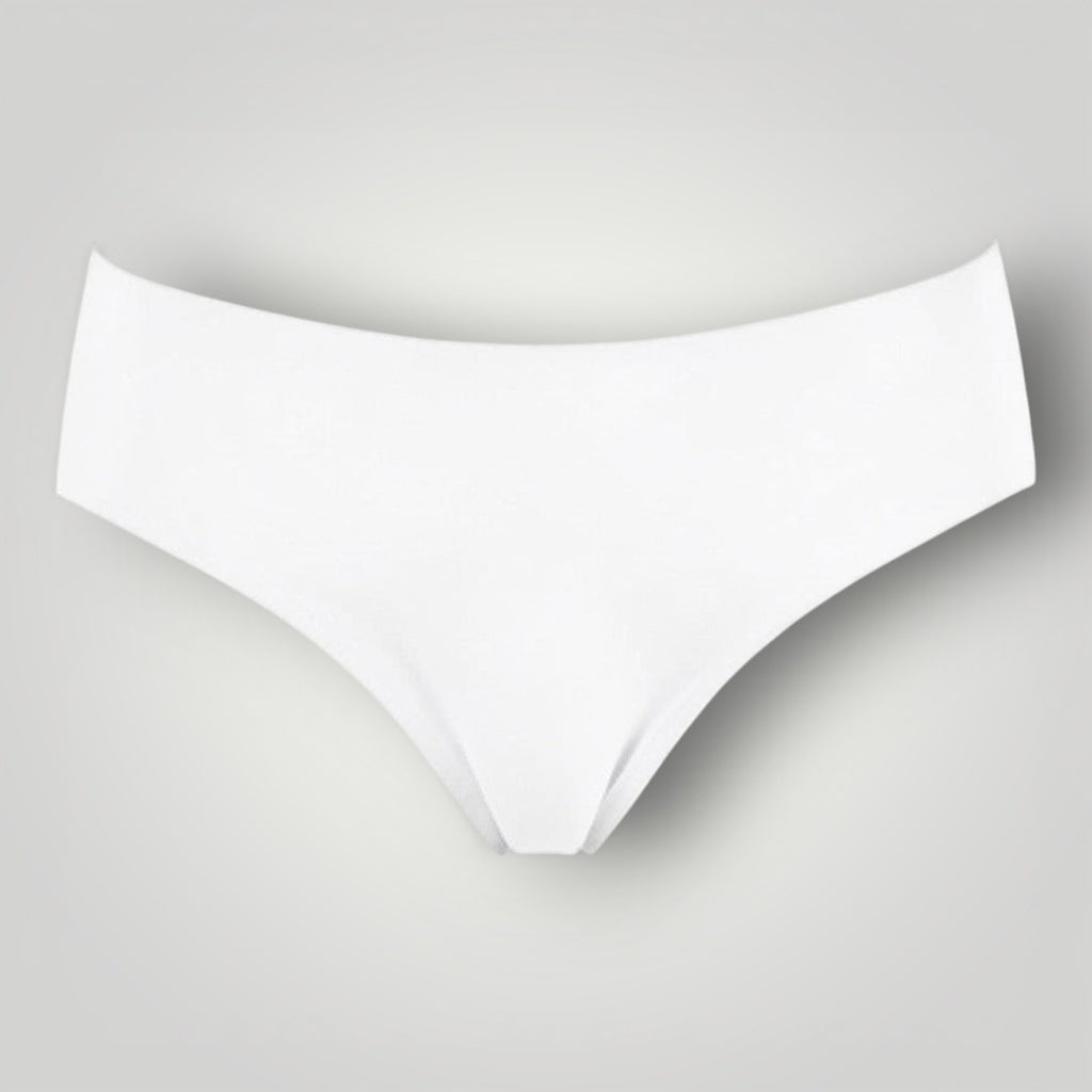 W One Brand Store white seamless tanga underwear with medium waist, made of 79% polyamide and 21% elastane.