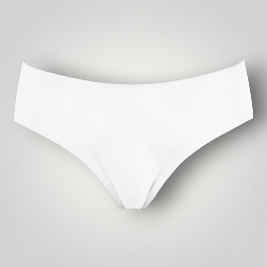 W One Brand Store white seamless tanga underwear with medium waist, made of 79% polyamide and 21% elastane.