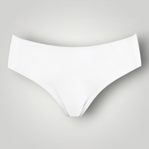 W One Brand Store white seamless tanga underwear with medium waist, made of 79% polyamide and 21% elastane.