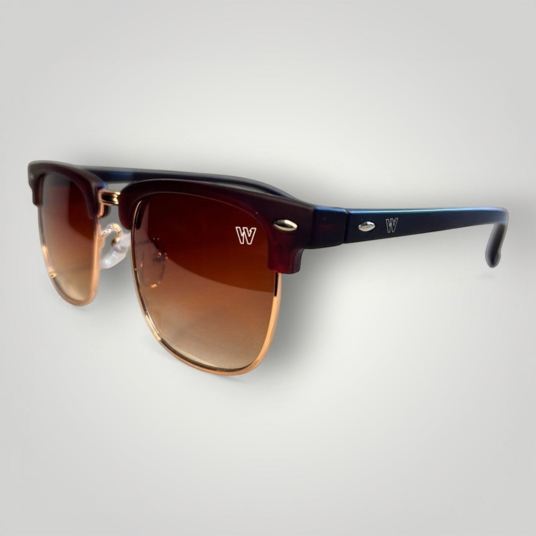 W One Brand Store retro-style wine acetate sunglasses with rose gold details and brown gradient lenses.