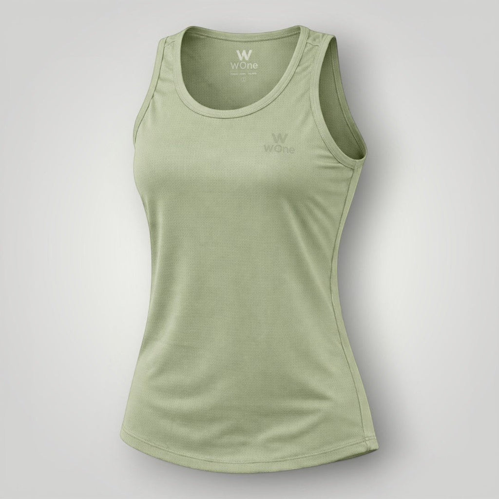 W One Brand Store light green polyamide fitness tank top with subtle texture and round neckline.